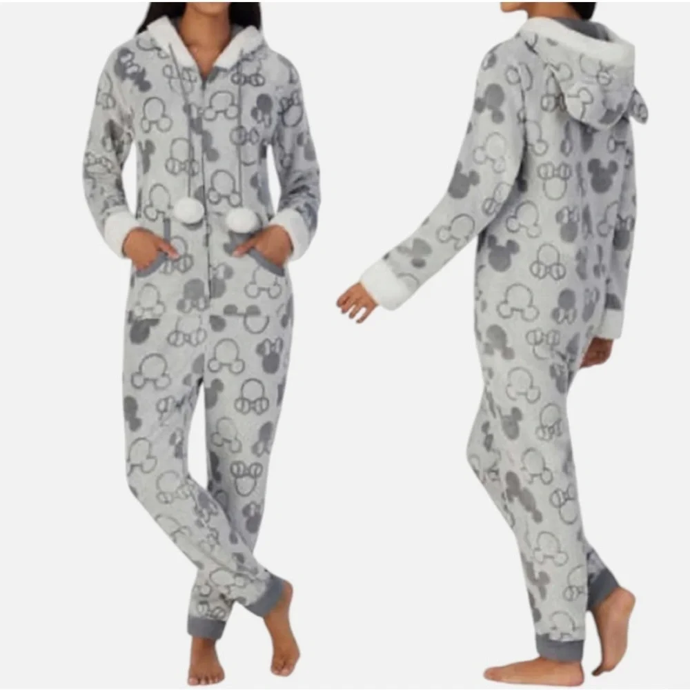 Disney Mickey & Minnie One Piece Fleece Hooded Zip Front Pajamas Size Large - Picture 1 of 11